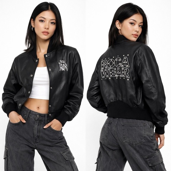 Rocawear Jackets & Blazers - Vtg Y2K Rocawear Bomber Jacket XL Black Real Leather Studded‎ Streetwear Hip Hop